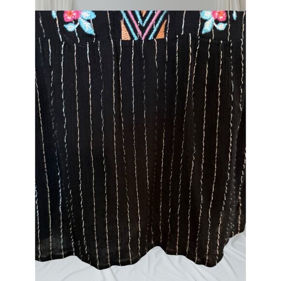 Savanna Jane Boho Embroidered Floral Blouse Black Metallic Stripe Peasant Top L - Picture 4 of 9
